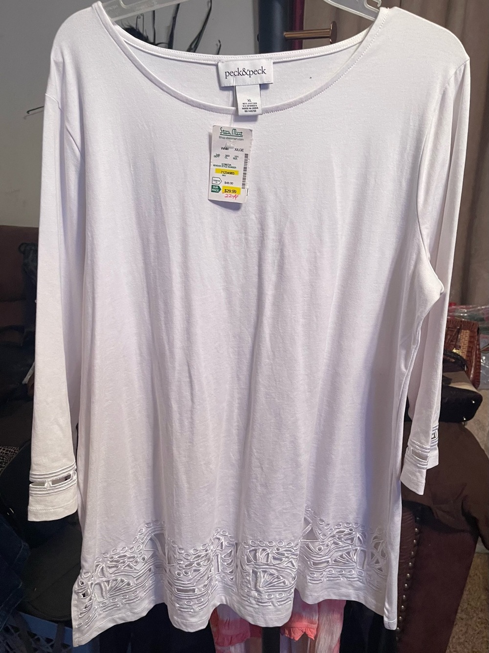 Peck & Peck Long-Sleeve Tunic with Embellished CutworkSleeve & Hem